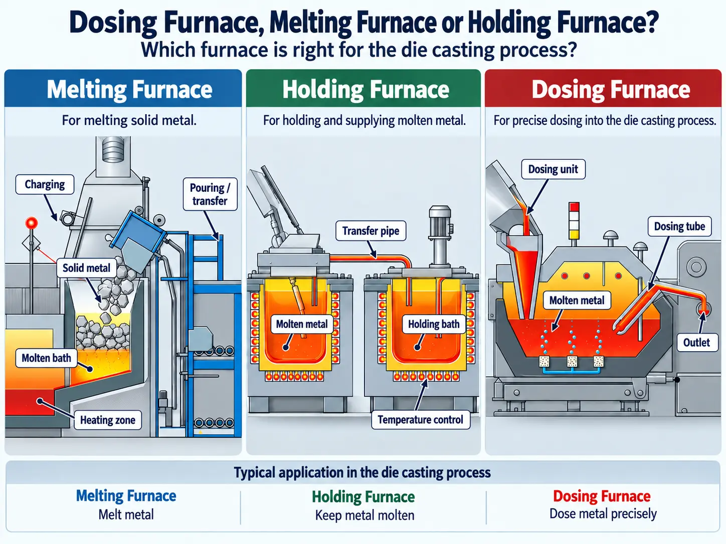 Infographic comparing melting, holding and dosing furnaces in aluminium die casting, including process flow, applications and furnace selection criteria